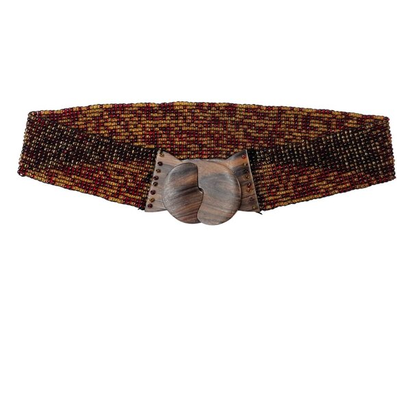 Vintage Beaded Belt w Wood Buckle Glass Seed Bead Red Yellow Stretch Med/ Large - Picture 1 of 8